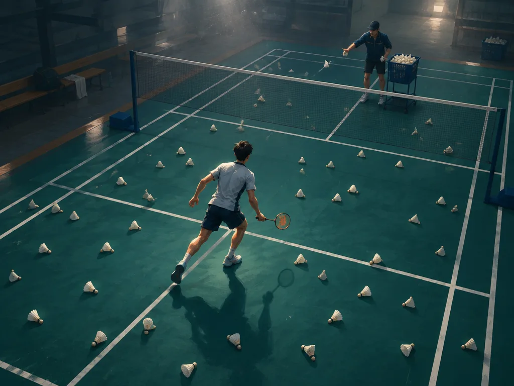 Latihan multi-shuttle dari atas: puluhan kok putih berserakan di separuh lapangan teal, pemain kembali ke tengah, pelatih mengumpan dari keranjang di net.